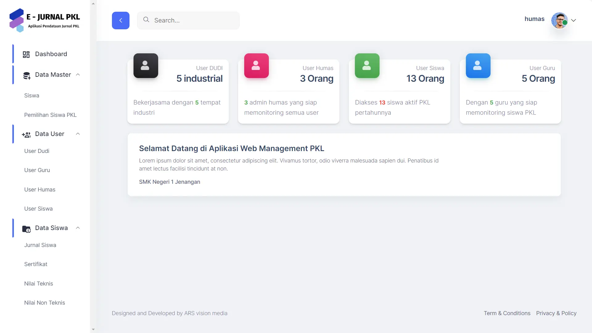 E-Jurnal PKL Dashboard displaying internship journal entries and progress tracking